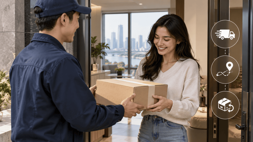 A delivery person handing a package to a smiling woman at her home entrance, with a city skyline visible in the background and delivery icons on the side.