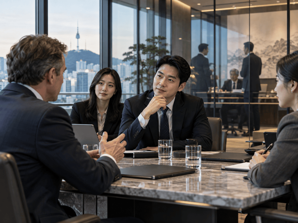 A group of professionals engaged in a business meeting inside a modern office, with a city skyline visible through large windows. The scene features three people actively discussing, while others are seen in the background.