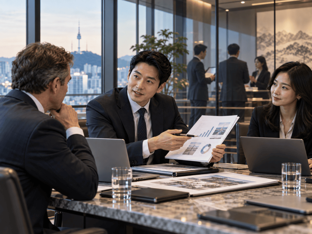 Business meeting with three professionals discussing presentations and reports in a modern office setting, with a city view in the background.