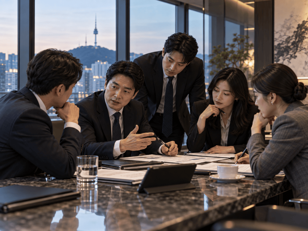 A group of five professionals in business attire engaged in a discussion around a conference table, with urban cityscape and a tower visible through the window in the background.