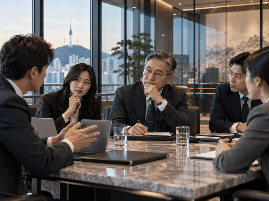 A group of business professionals in a modern conference room engaged in a discussion, with a view of a cityscape and a tower in the background.