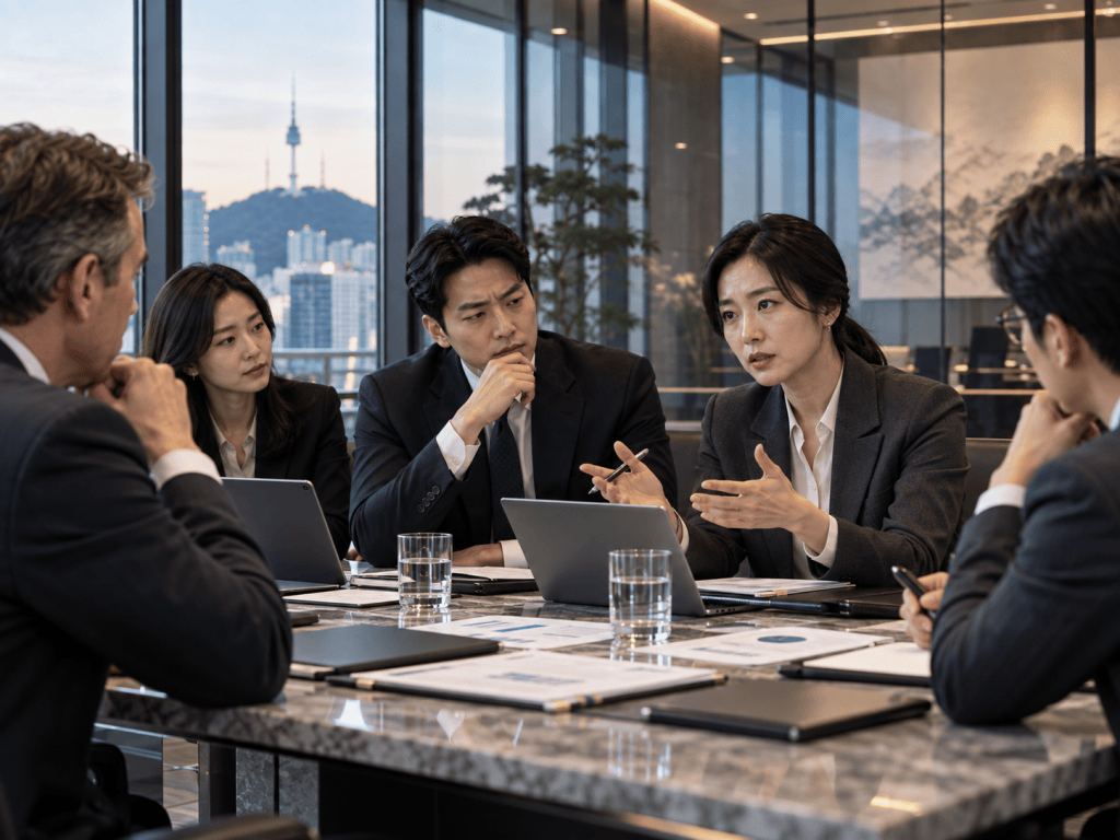A diverse group of professionals in business attire engaged in a meeting at a modern conference table, discussing ideas with a city skyline view in the background.