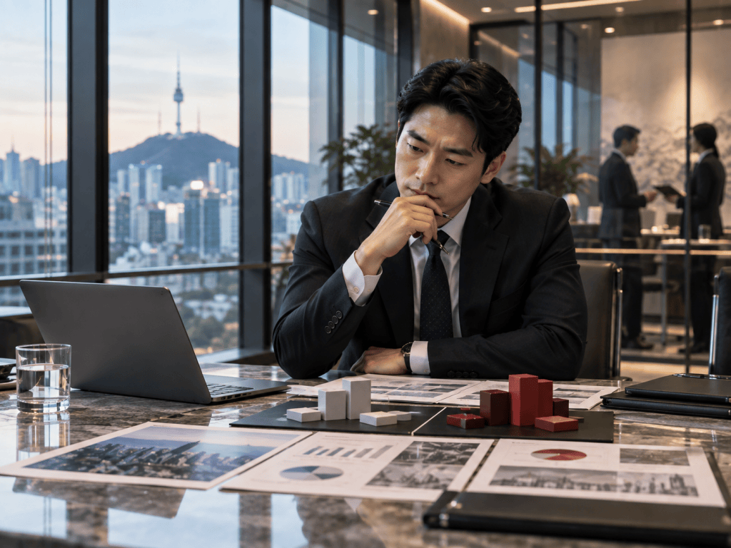 A businessman in a suit sitting at a conference table, deep in thought, with a laptop and various graphs and charts spread out in front of him. The backdrop features a city skyline with a notable tower in the distance.