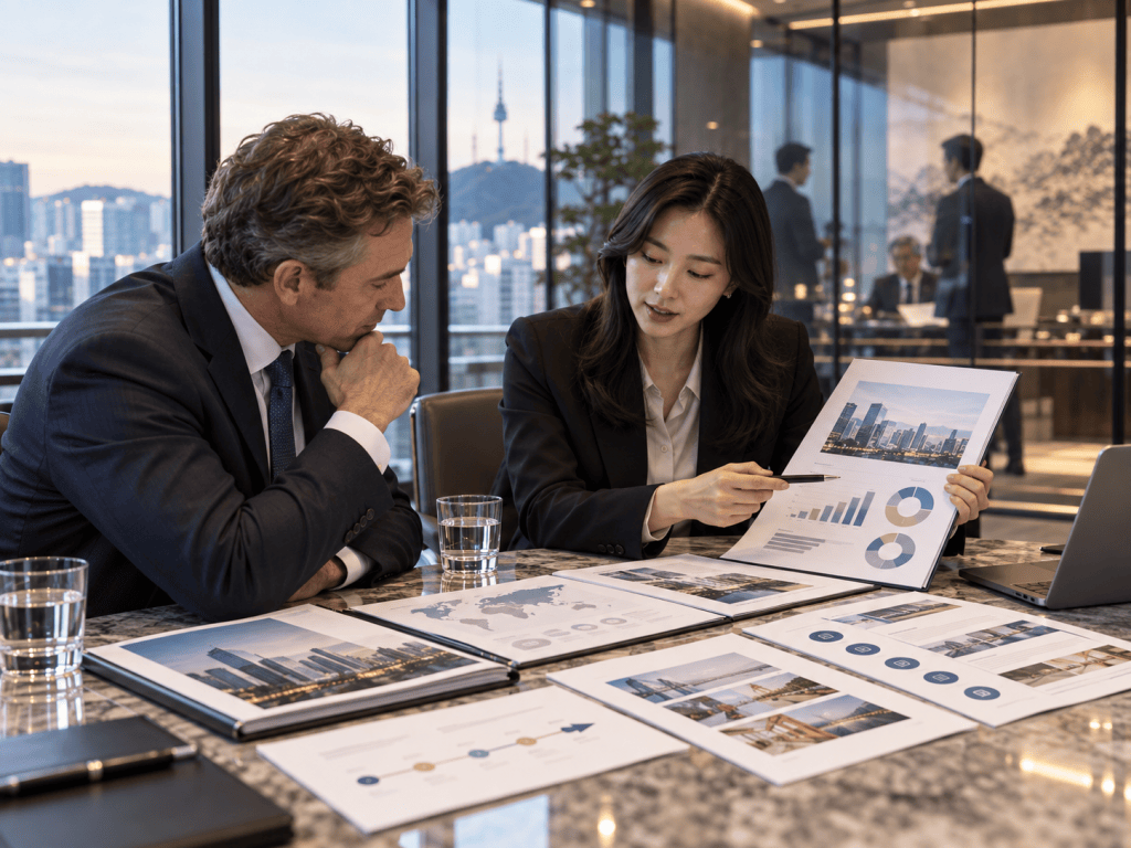 A business meeting with a man and a woman discussing reports and graphs in a modern office setting, with cityscape views in the background.