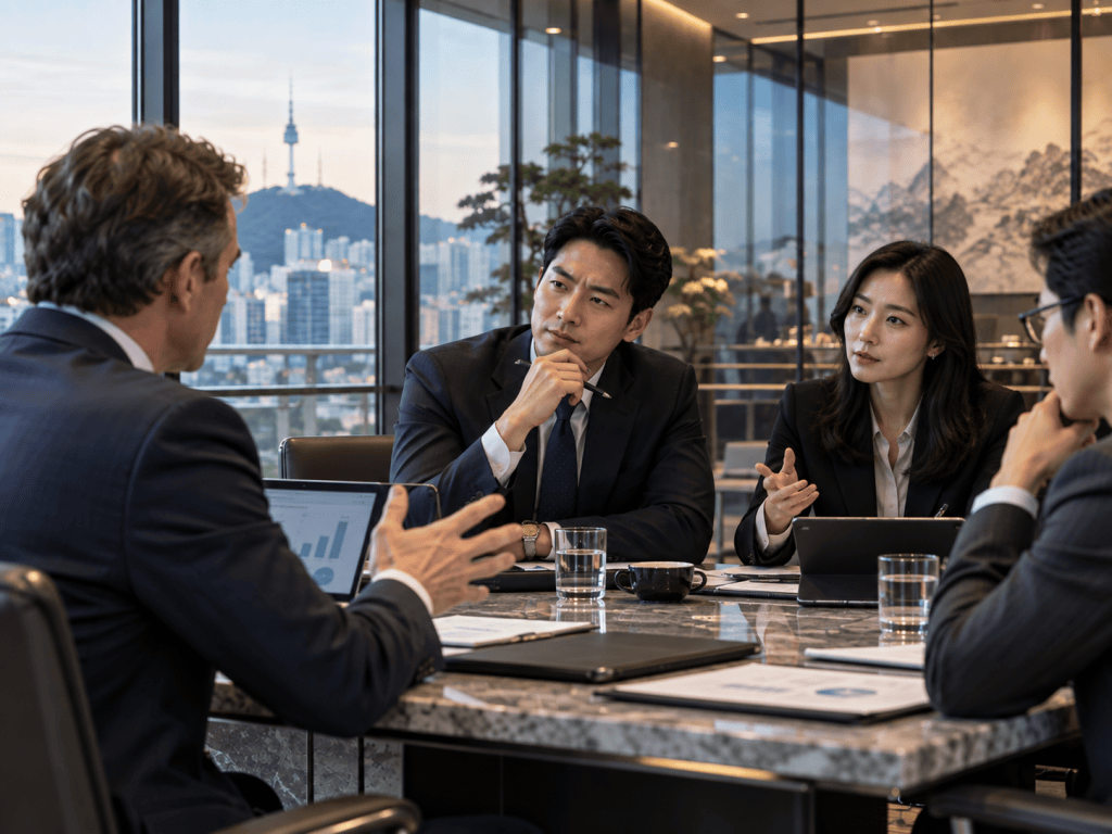 A diverse group of business professionals engaged in a discussion around a conference table, with a city skyline visible through large windows in the background.