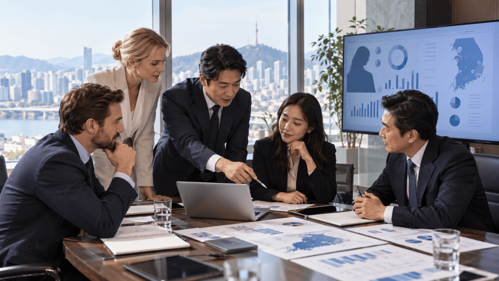 A diverse group of business professionals engaged in a meeting, discussing data displayed on a laptop. They are seated around a table with charts and documents in front of them, and a cityscape is visible through large windows.
