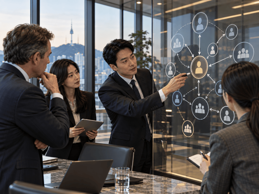 A business meeting taking place in a modern office, with four professionals discussing a network diagram on a glass board. One man is pointing at a central figure while others observe and take notes.