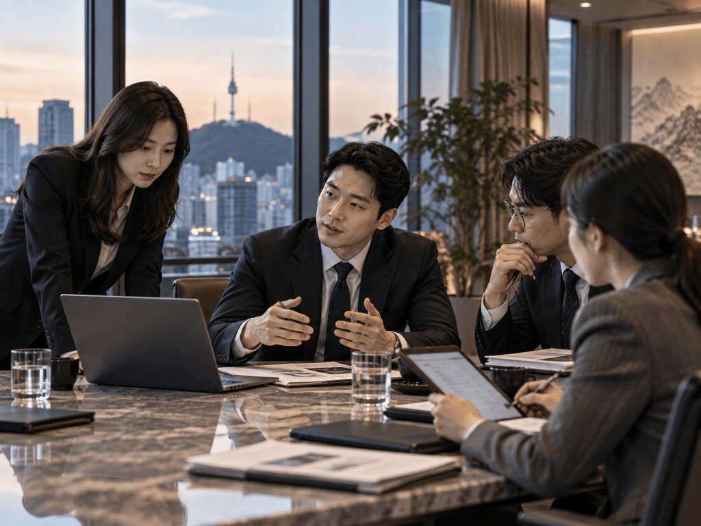 A group of four professionals in business attire engaged in a meeting around a conference table, with a laptop open and paperwork present. The city skyline is visible through large windows, along with a landmark in the background.