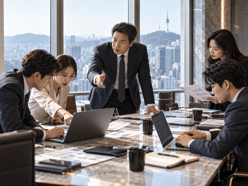 A business meeting in a modern office with a view of the city. A group of professionals, including a man pointing and discussing at a laptop, a woman analyzing data, and others reviewing documents, all focused on the task at hand.