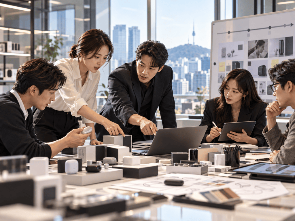 A diverse group of five professionals engaged in a collaborative meeting at a modern office table, discussing product design concepts and analyzing prototypes against a city skyline backdrop.