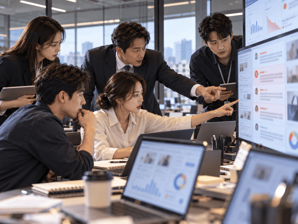 A diverse group of professionals engaging in a collaborative meeting, analyzing data on a large screen in a modern office setting. One person points at the screen while others look on attentively, with laptops and notepads on the table.