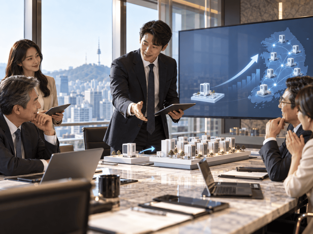A business meeting in a modern conference room featuring five professionals discussing a project. A male presenter gestures towards a digital screen displaying a growth chart and a network map, while a model of a building project is on the table.