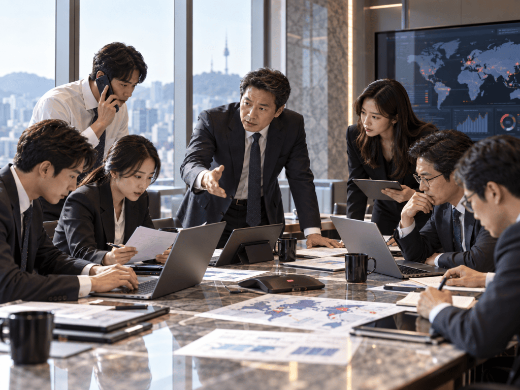 A business meeting in a modern conference room with six professionals collaborating on laptops and documents. One person is on the phone while another is gesturing to a presentation. A cityscape is visible through the large windows.