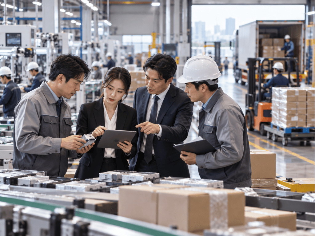 A team of four professionals, including two men in gray work uniforms and a woman in business attire, are discussing a tablet in a busy warehouse environment with machinery and workers in the background.