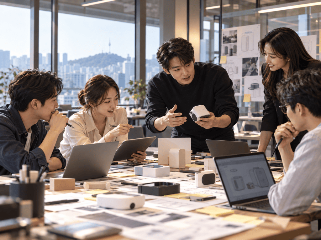 A group of five people engaged in a collaborative meeting around a table filled with design prototypes and laptops, discussing a new product.