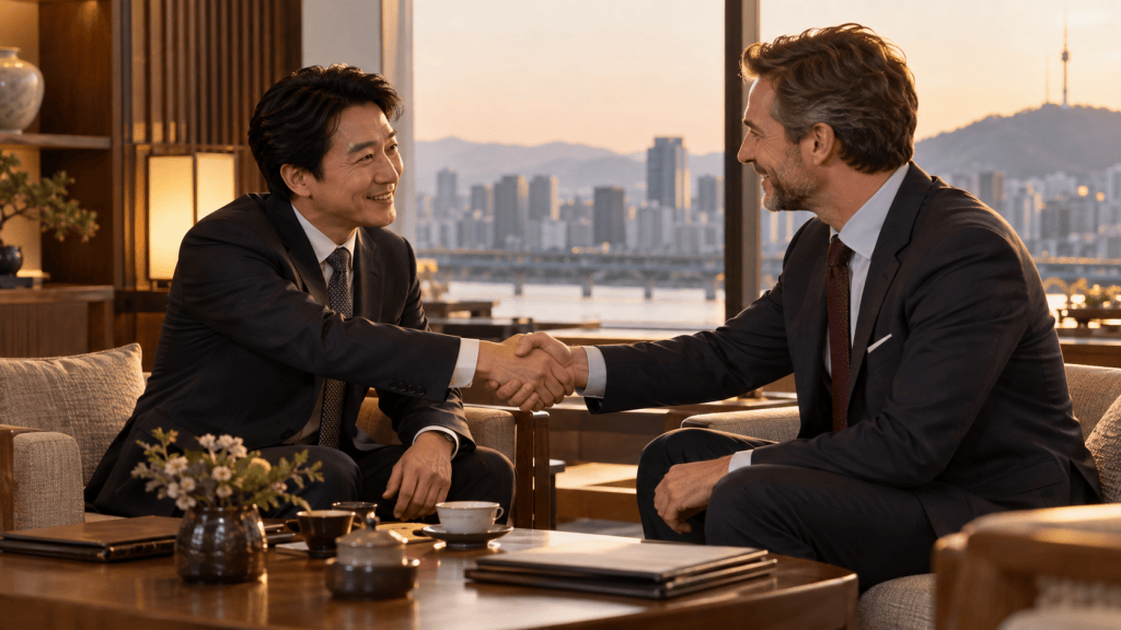 Two business professionals in suits shaking hands during a meeting in a modern office setting with a city skyline in the background.