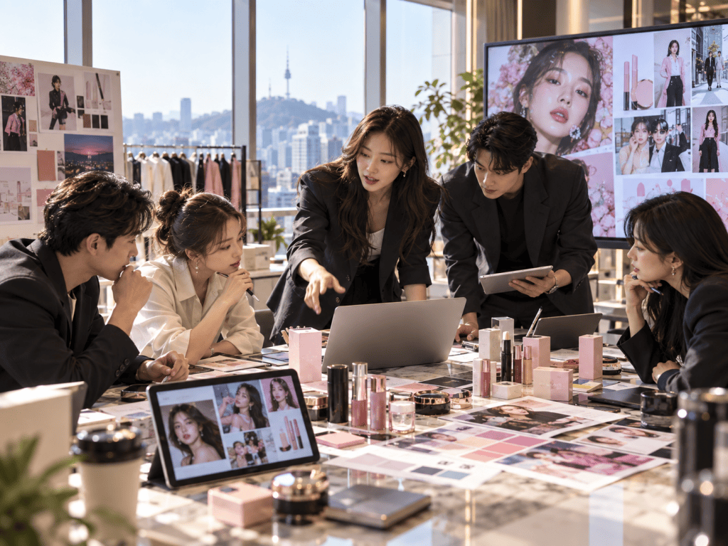 A group of five professionals in business attire collaborating around a table filled with cosmetics, images, and documents, discussing a presentation on a laptop while looking at a large screen showcasing various beauty products and images.