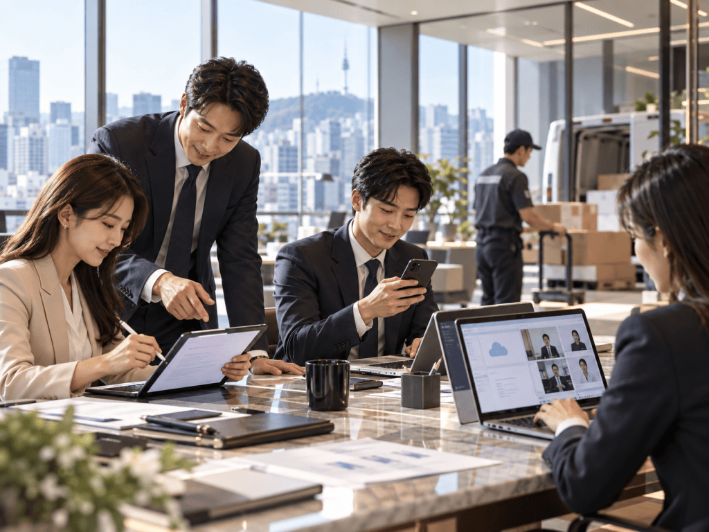 A group of four professionals in formal attire working together at a conference table in a modern office environment. One woman is using a tablet, while two men are engaged with their laptops and a smartphone. A man in a uniform is visible in the background handling boxes.