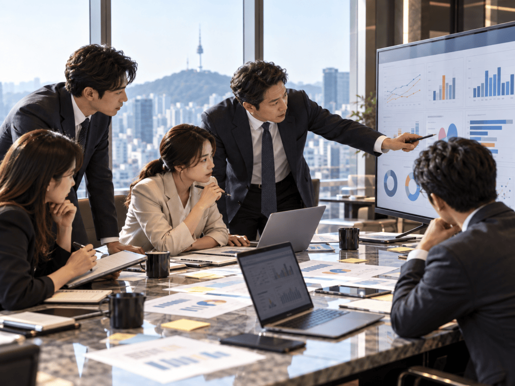 A business meeting in a modern conference room with five professionals discussing data, using a large screen displaying graphs and charts.