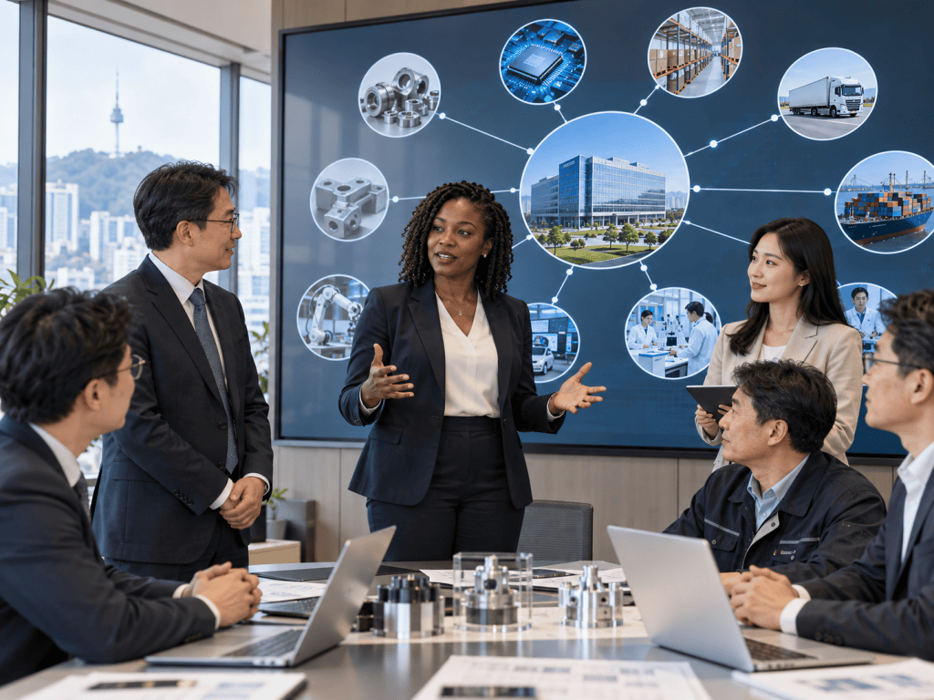 A diverse group of business professionals engaged in a meeting, discussing ideas in front of a large screen displaying various industry-related images and diagrams.