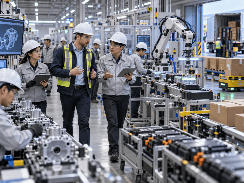 A group of engineers and workers in a modern manufacturing facility discussing project plans while standing near robotic machinery and assembly lines.