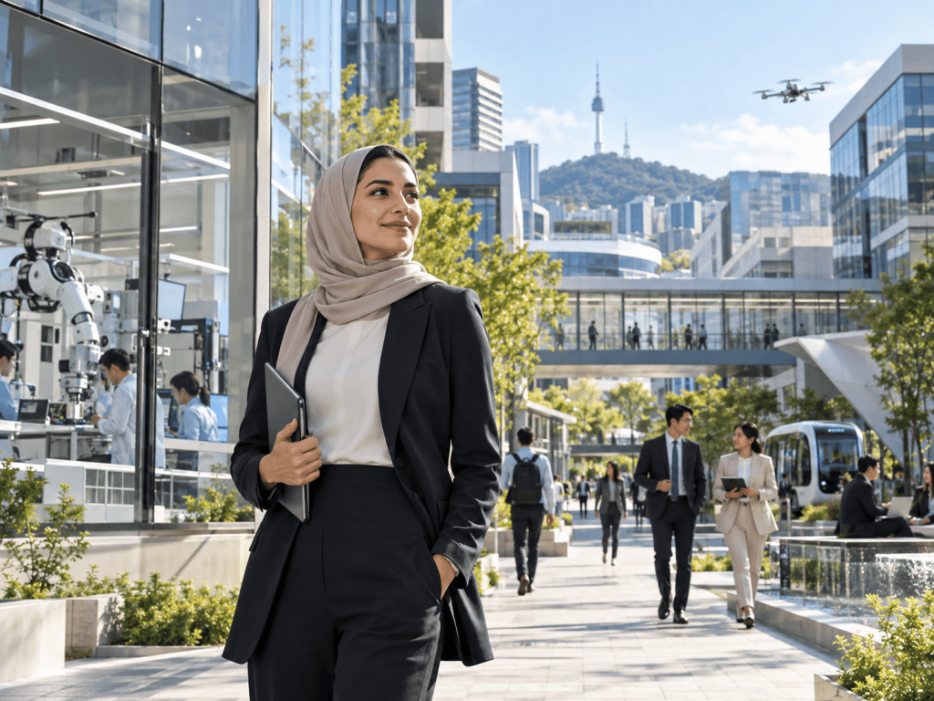 A professional woman wearing a hijab stands confidently in an urban setting with modern buildings, greenery, and people walking in the background. A drone is flying overhead, and robotic technology is visible in an adjacent building.