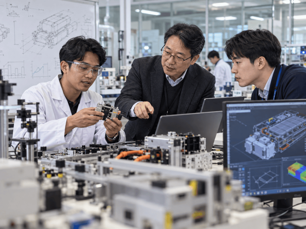 Three professionals collaborate in a lab, examining a mechanical component while discussing project details, with technical drawings and computer screens in the background.