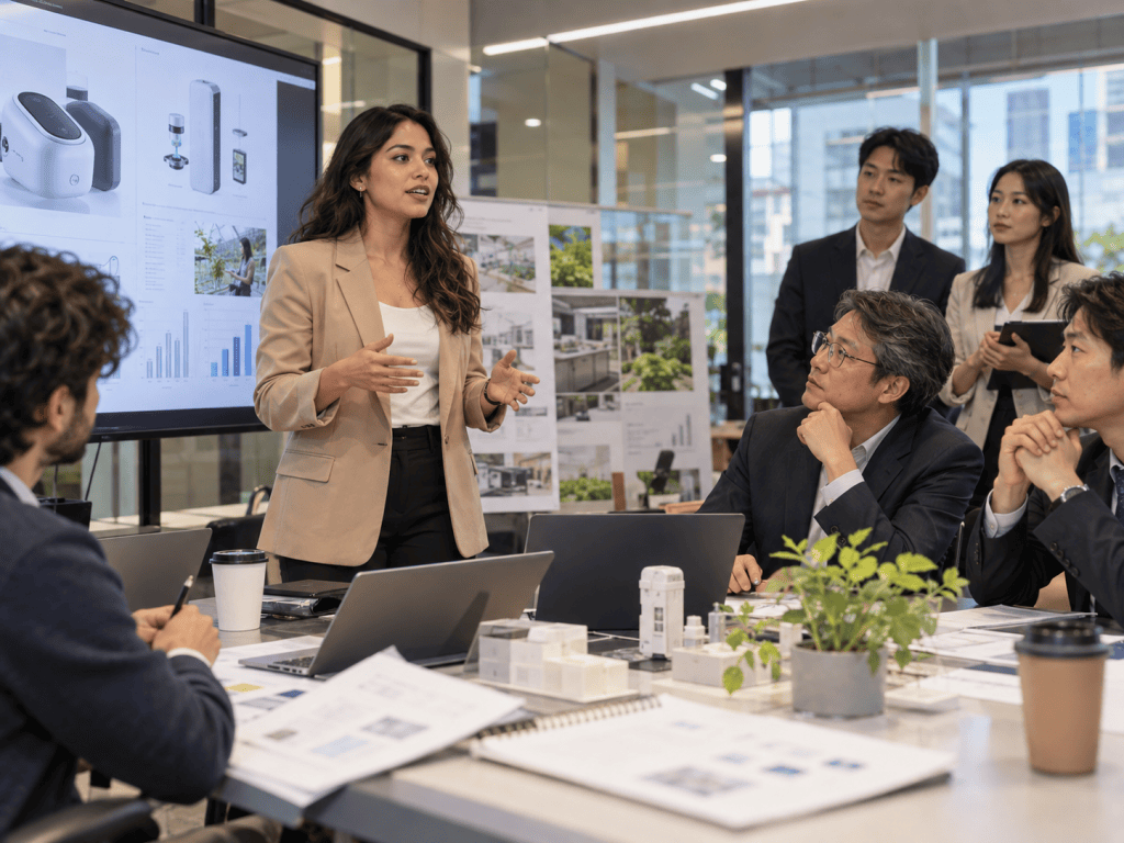 A businesswoman presents in a modern conference room, gesturing towards a screen displaying product designs and graphs, while colleagues attentively listen and take notes.