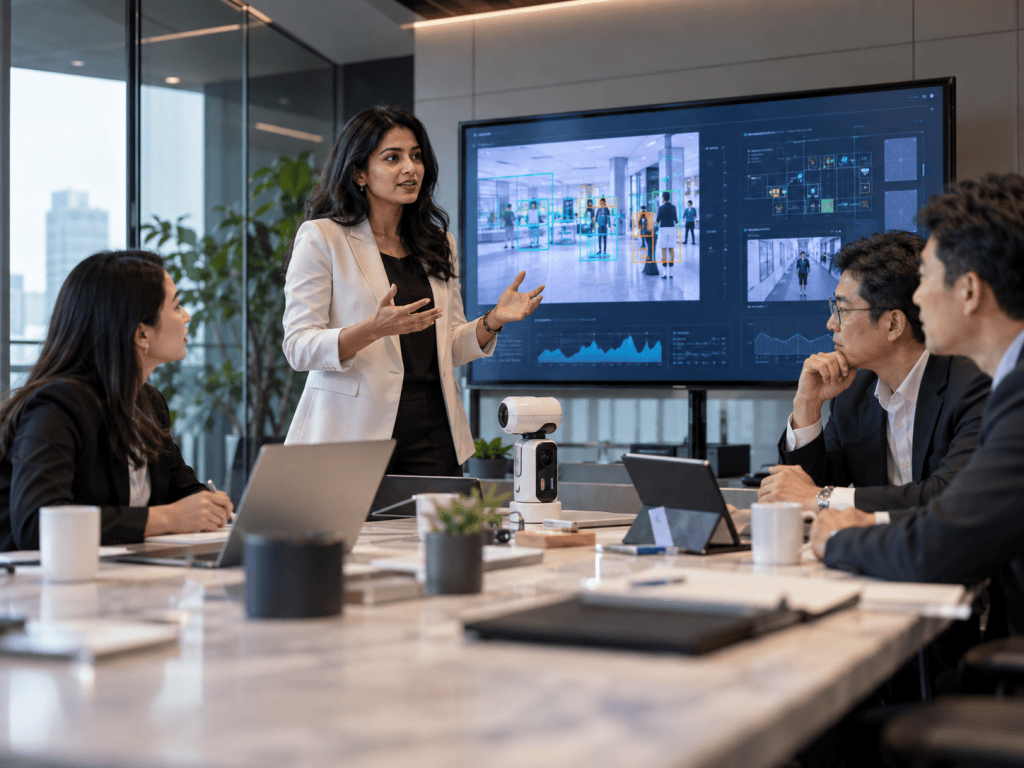 A business meeting with six professionals, one woman presenting in front of a large screen displaying data and images, while the others listen attentively at a conference table.