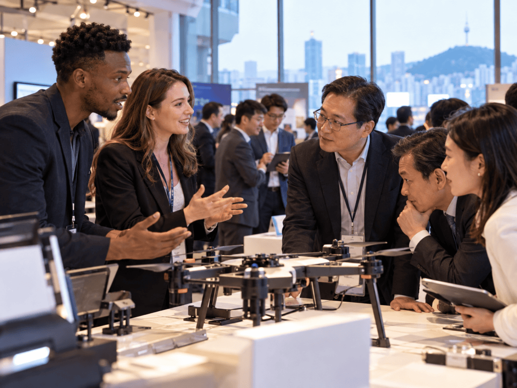 A diverse group of professionals discussing drone technology at a trade show or exhibition, with a city skyline visible in the background.