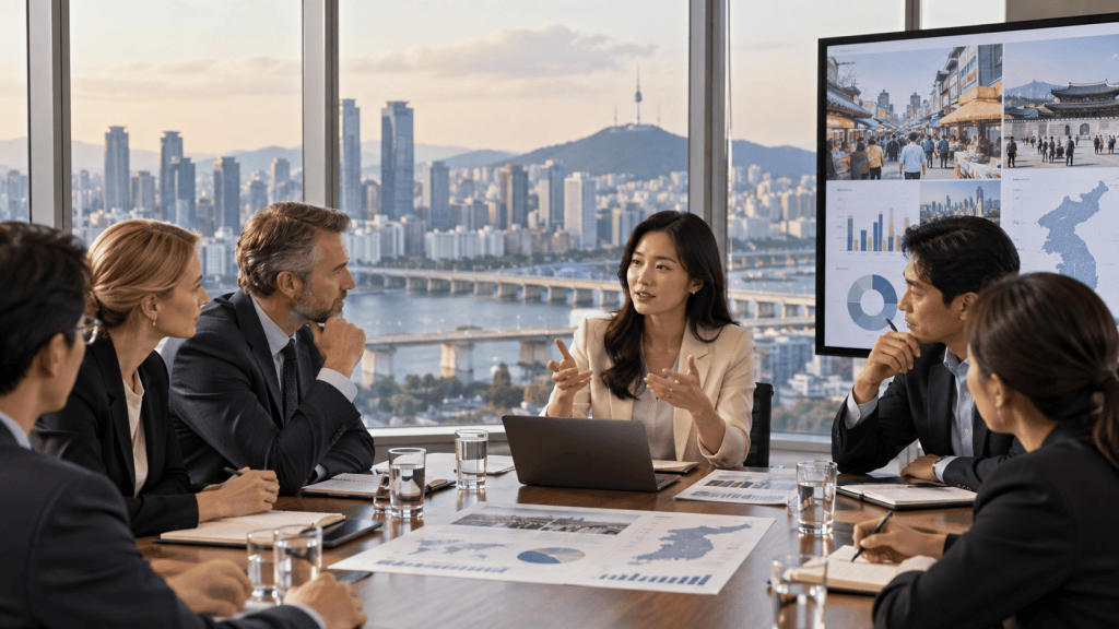 A business meeting in a modern office with a city skyline view. A diverse group of professionals sits around a table, engaged in discussion. A woman is presenting information on a laptop, while presentation slides and reports are displayed on a screen behind her.