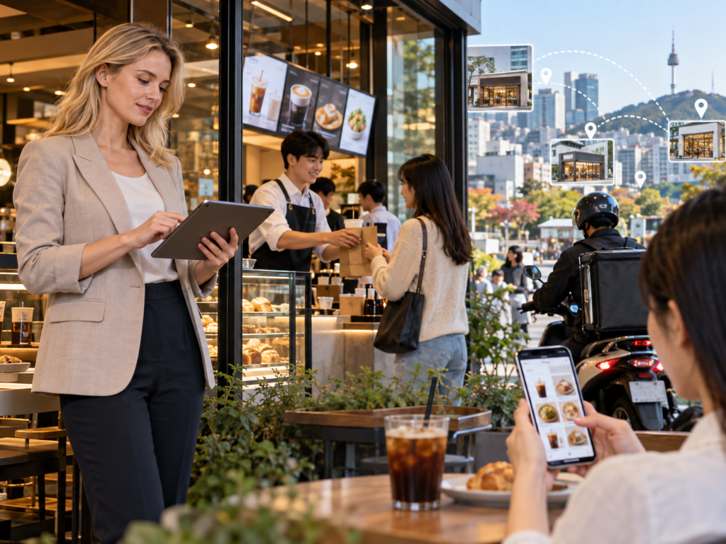 A woman standing outside a café, using a tablet, while another woman sits at a table browsing a mobile app. A barista serves customers in the background, with a cityscape visible and digital map markers around.