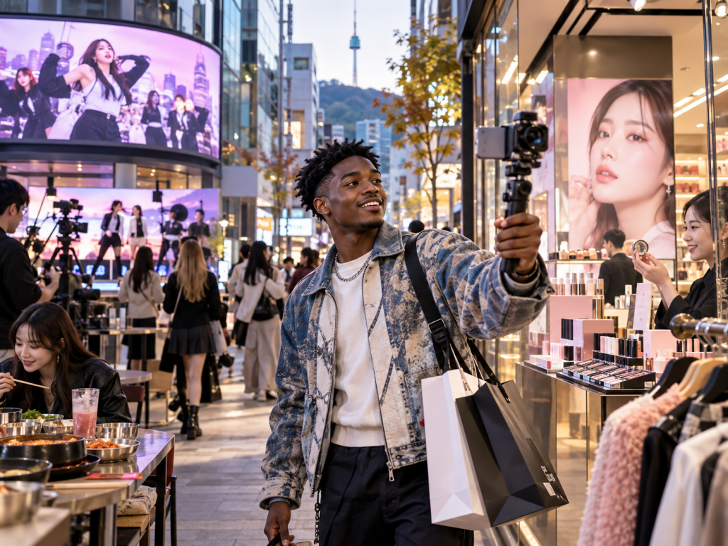 A young man holding a camera and smiling while filming himself in a busy shopping area, with a large digital screen displaying a performance in the background. In the foreground, tables are set with dishes and drinks, and people engage in shopping and dining.