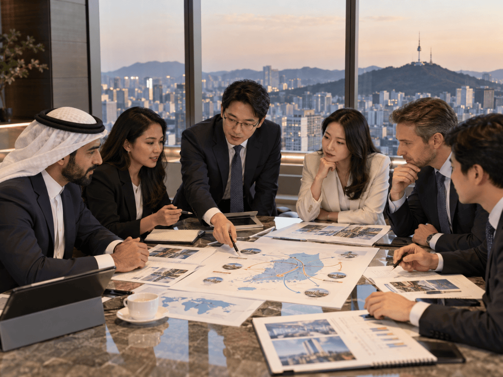 A diverse group of six professionals engaged in a business meeting around a table, reviewing maps and project plans, with a city skyline visible through large windows.