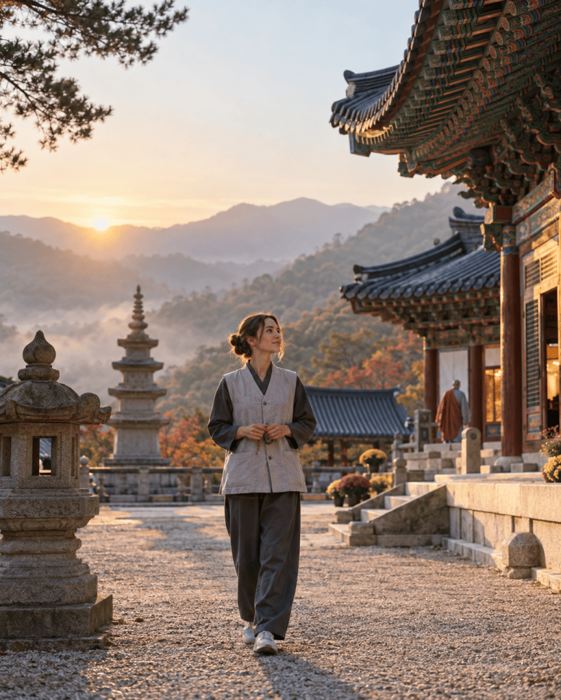 A woman in traditional attire walking amidst a serene temple courtyard during sunrise, with mountains in the background.