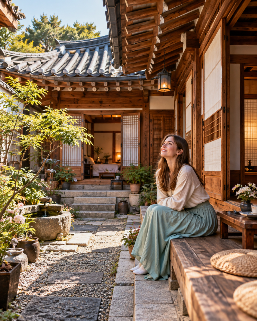 A woman sitting on a wooden bench in a traditional courtyard, surrounded by plants and stone pathways, gazing upward with a serene expression.