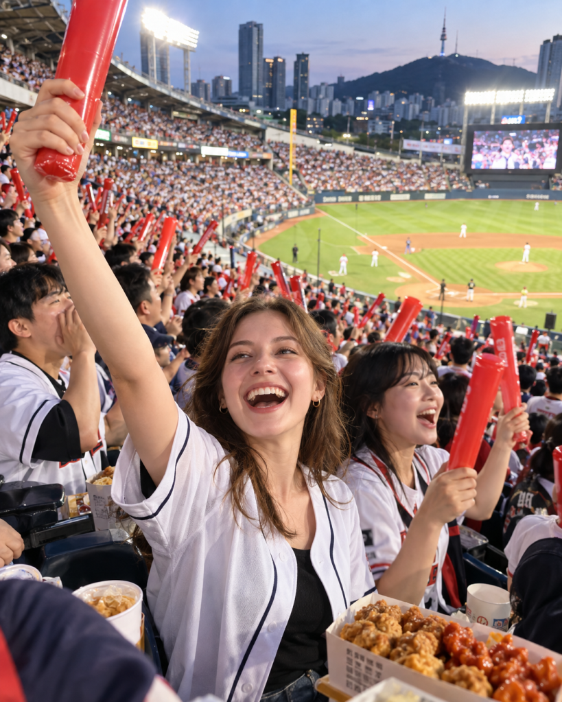 Cheering spectators at a baseball game, featuring a young woman smiling and raising a red cheering stick, with food in front of her, amidst a lively crowd.