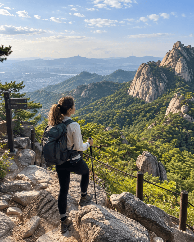 A hiker with a backpack standing on a mountain path, looking out over a scenic view of rocky peaks and lush greenery under a blue sky.