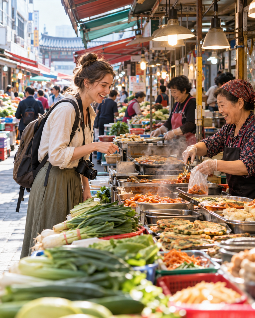 A woman smiling and engaging with a food vendor at a vibrant market, surrounded by fresh vegetables and various cooked dishes.