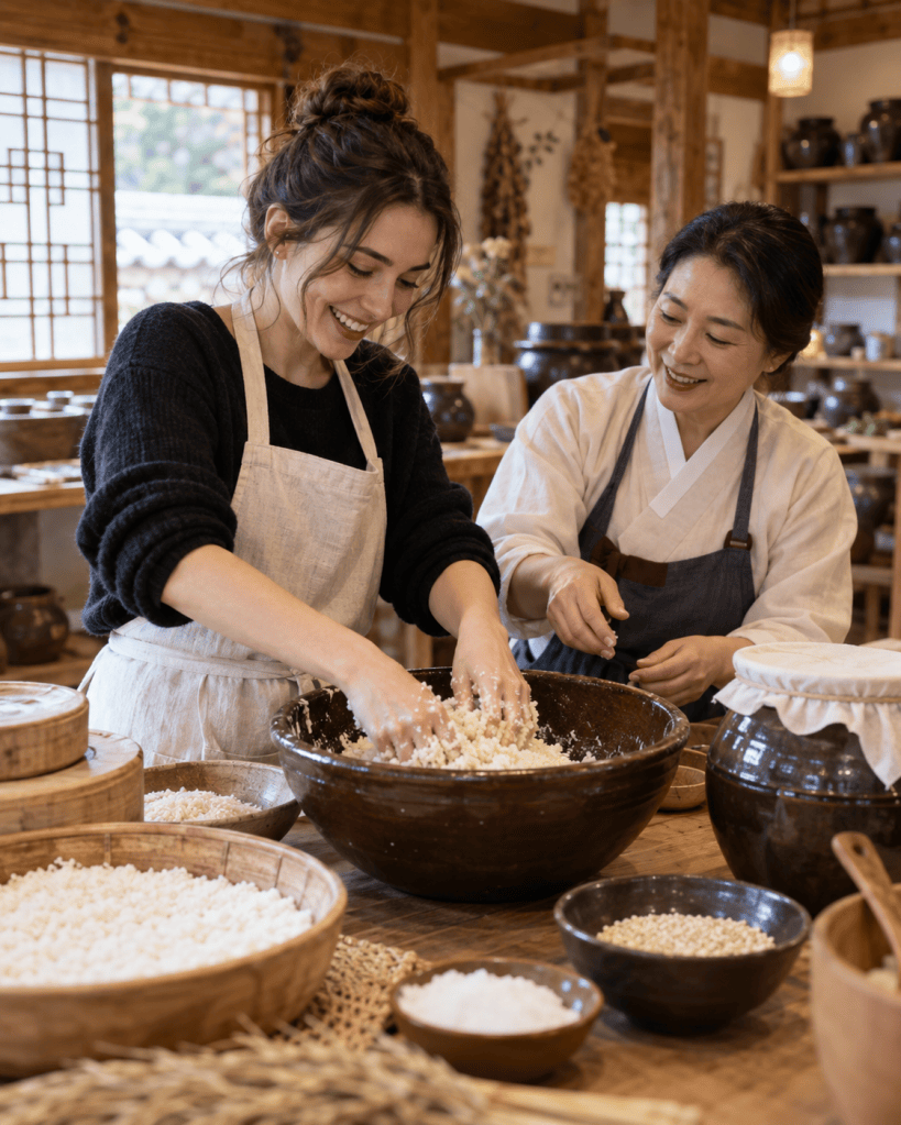 Two women happily working together in a kitchen, mixing ingredients in a large bowl, surrounded by various bowls and jars filled with food items.