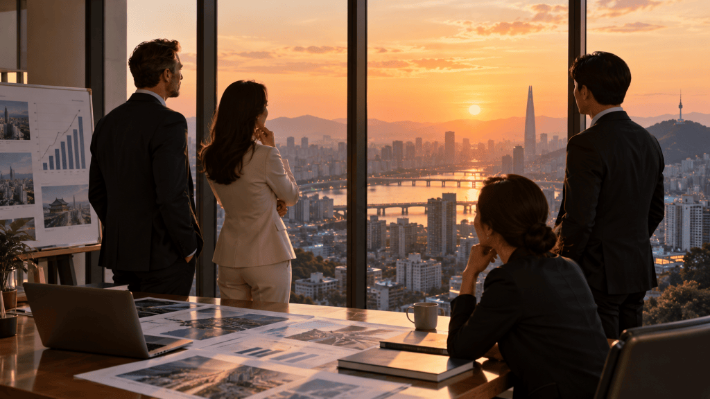 Group of professionals in business attire observing a sunset over a city skyline from an office with presentations and documents on a table.