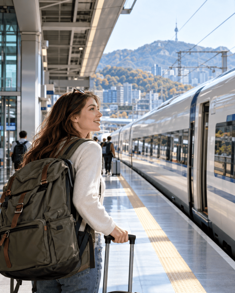 A young woman with a backpack and a suitcase is standing at a train station, looking towards a train. In the background, urban buildings and mountains are visible.