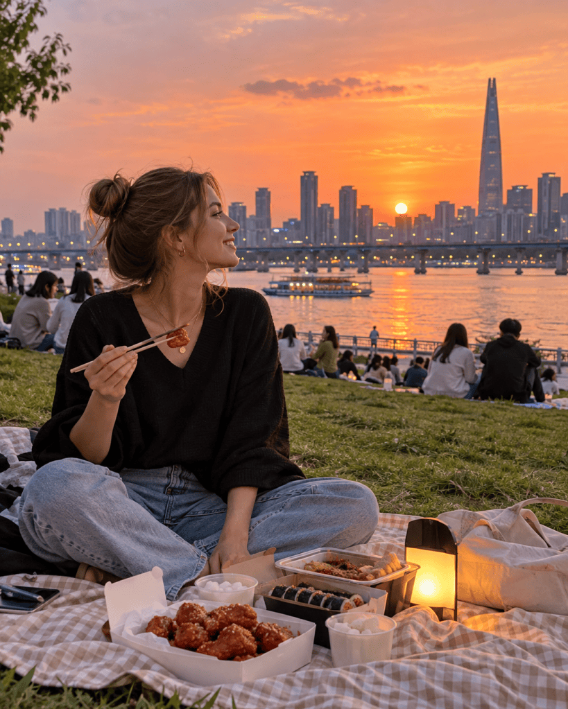 A woman enjoying a meal while seated on a picnic blanket during sunset, with a city skyline in the background. She holds chopsticks and smiles, surrounded by food containers including fried chicken and sushi.