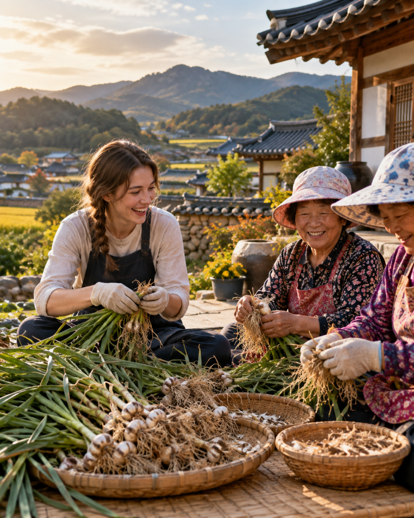 A woman and two elderly women smiling while harvesting garlic in a rural setting, with mountains and traditional houses in the background during sunset.