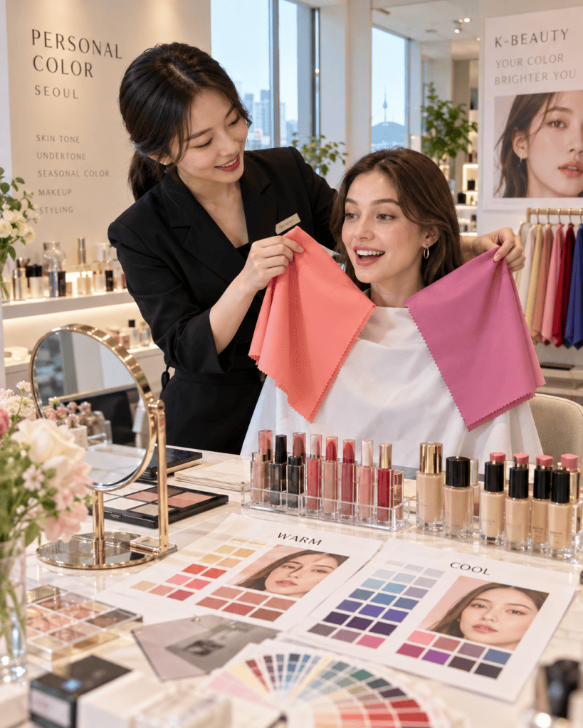 A beauty consultant assists a client by holding up two fabric swatches, one coral and one pink, during a personal color consultation. They are in a well-lit salon featuring makeup products and color charts labeled 'WARM' and 'COOL'.