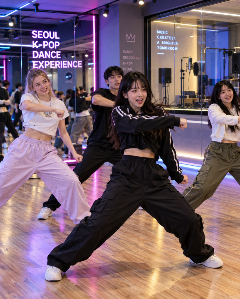 A group of four individuals dancing in a studio with a neon sign that reads 'SEOUL K-POP DANCE EXPERIENCE.' They are wearing casual dance attire, and the environment features wooden flooring and vibrant lighting.