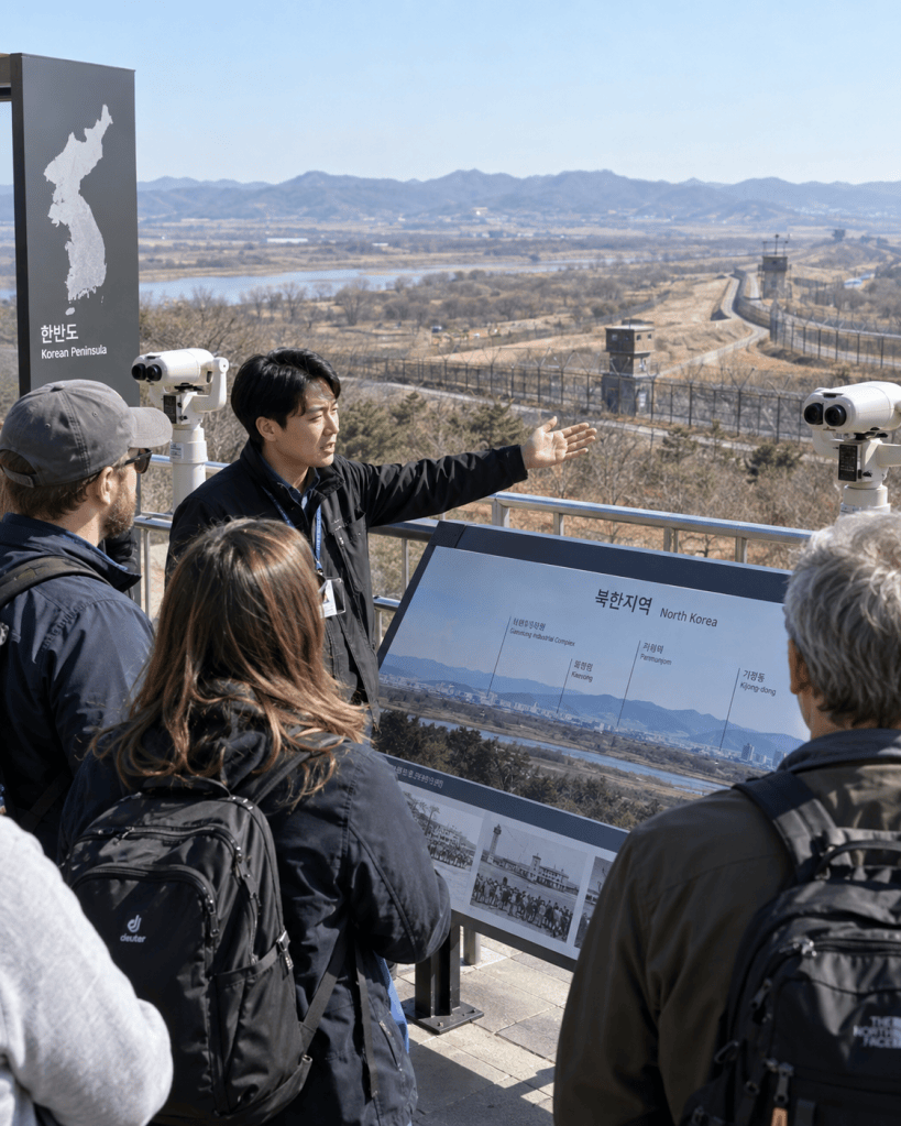A tour guide explains the view of North Korea to a group of visitors at an observation point, with the Korean Peninsula map and information display in the foreground.