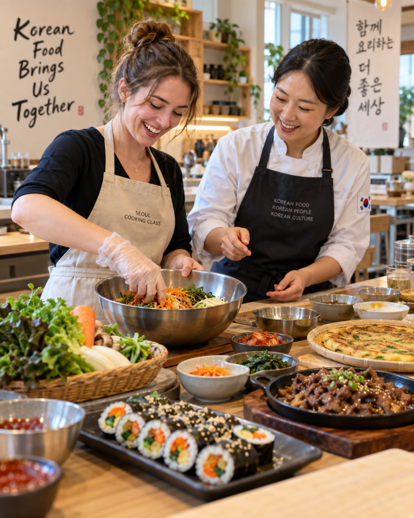 Two women engaged in a Korean cooking class, preparing a colorful salad in a metal bowl, with various traditional dishes and ingredients displayed on a wooden table.