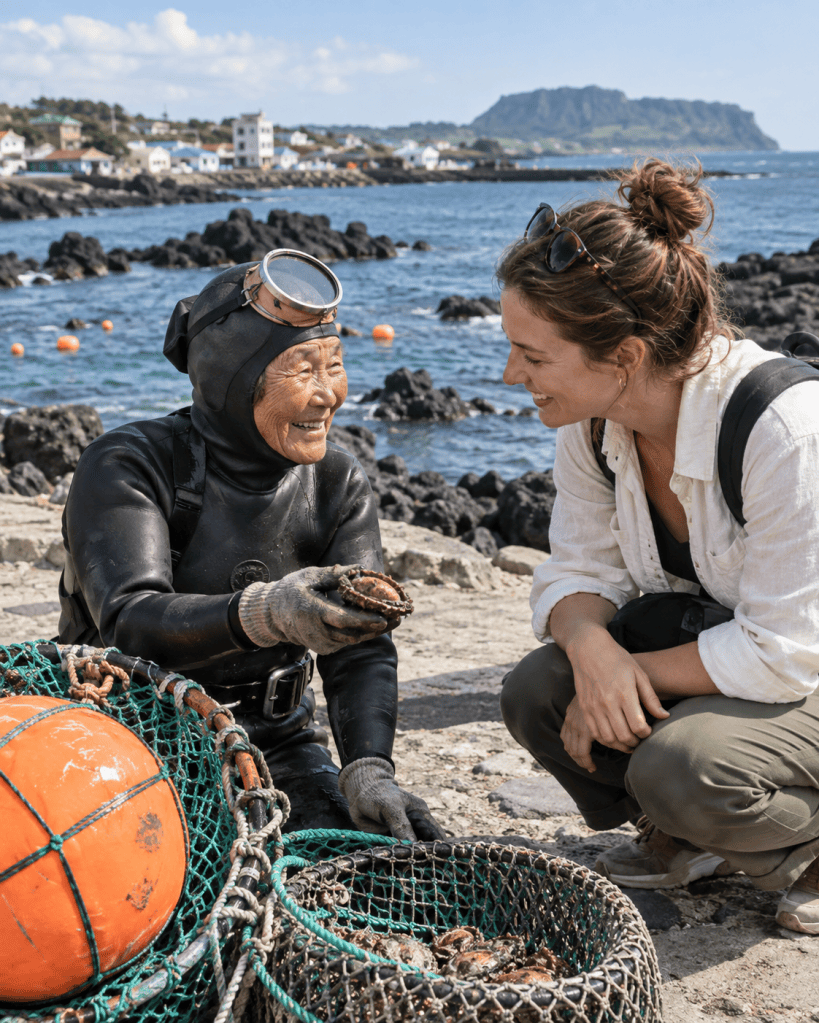 A smiling elderly woman in a wetsuit and goggles shows a crab to a young woman sitting next to her on a rocky beach, with the sea and distant mountains in the background.