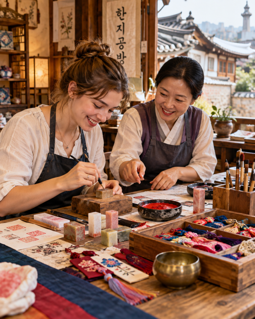Two women engaged in traditional Korean craftwork, smiling and focused as they create designs with ink and stamps, surrounded by colorful materials and tools in a cozy workshop.